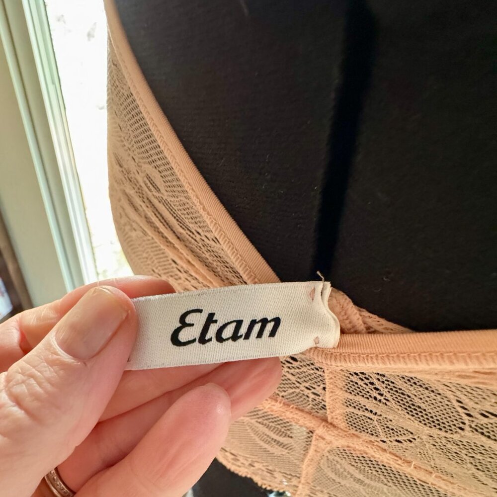 Etam Nude Lace Bralette Women’s Size L Floral Sheer Stretch Longline Crop Top - Picture 2 of 5